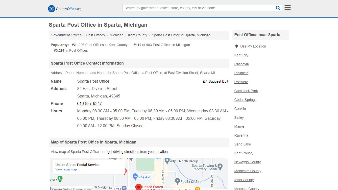 Sparta Post Office - Sparta, MI (Address, Phone, and Hours)