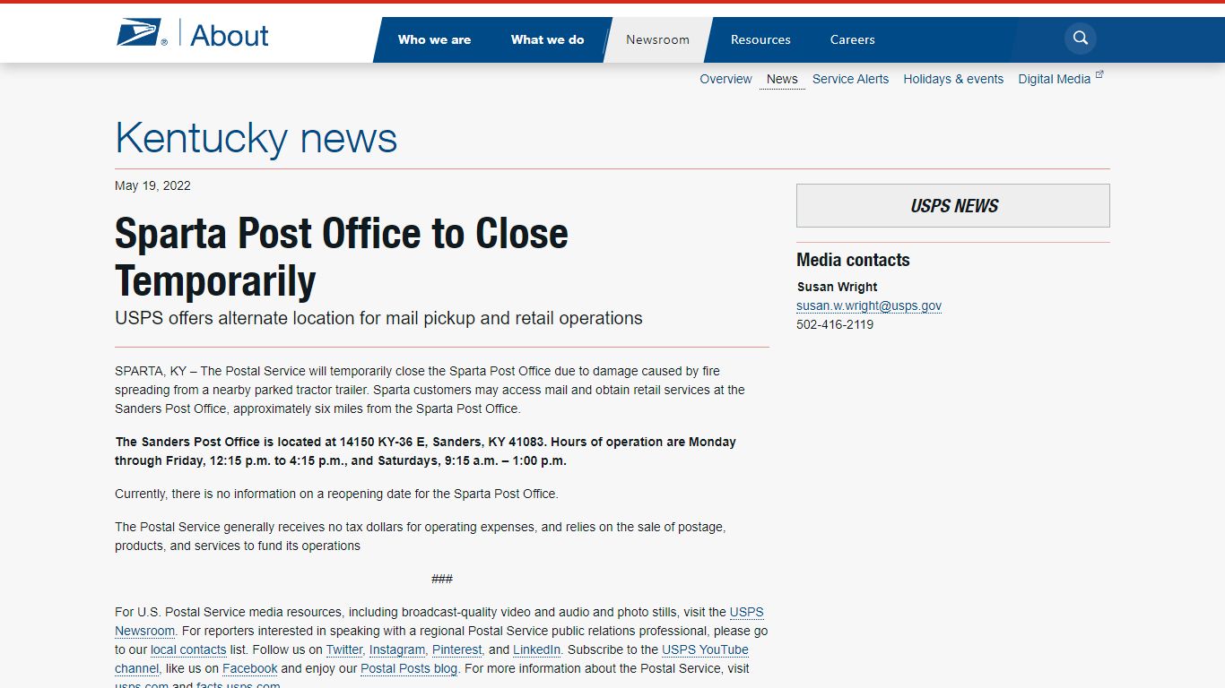 Sparta Post Office to Close Temporarily - Kentucky newsroom - About ...